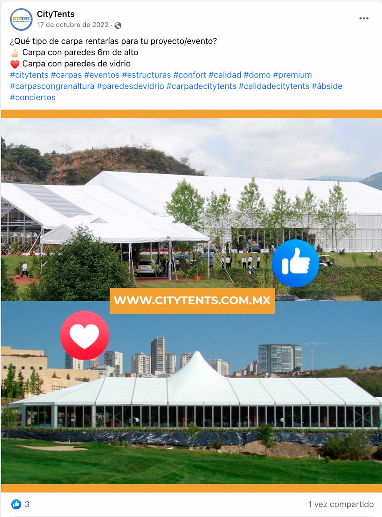 Post de Facebook de CityTents 